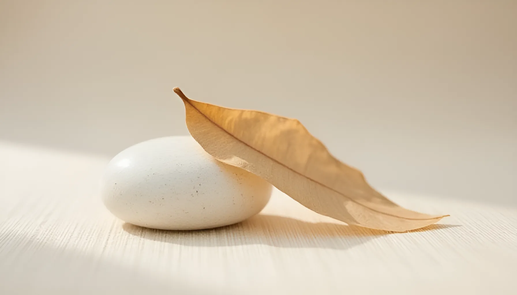 거친 리넨 위에 놓인 마른 잎과 흰 조약돌이 어우러진 정물